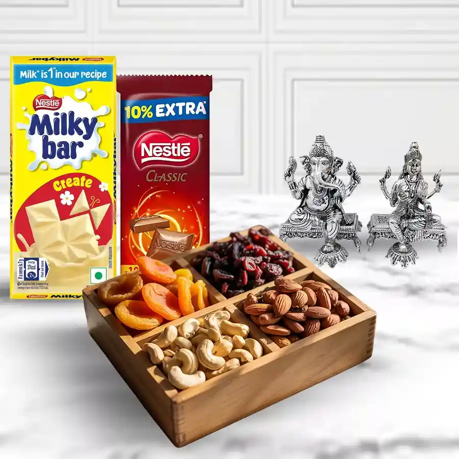 Sublime gift box featuring premium dry fruits, Nestle chocolates, and a Laxmi Ganesh idol in an elegant wooden box