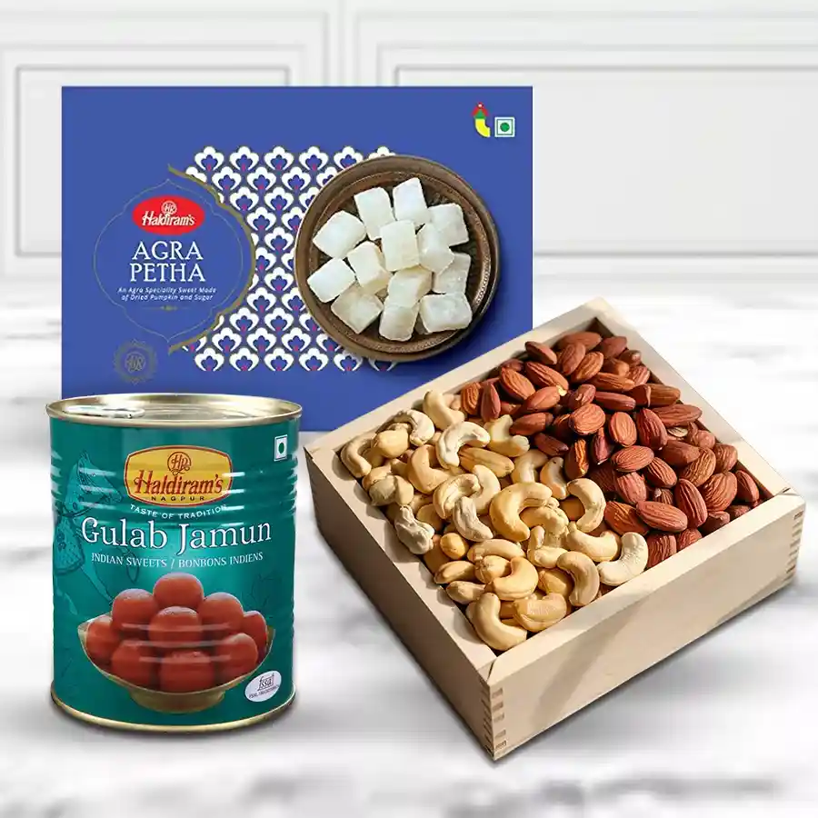 Crafty Combo of Haldiram Mithai and Dry Fruits featuring cashews, raisins, Agra Petha, and Gulab Jamun in an elegant airtight box.