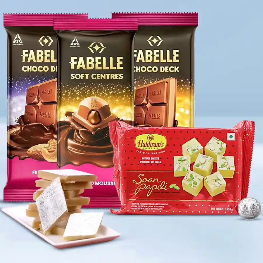 All Time Favorite Corporate Diwali Gift Hamper featuring Fabelle chocolates, Haldiram treats, and a silver-plated Laxmi & Ganesh coin