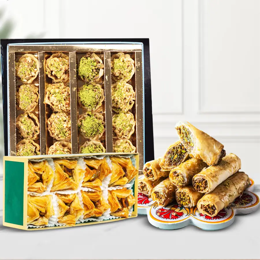 Assorted Baklawa Platter featuring Pyramid Baklawa, Tart Baklawa, and Roll Baklawa, ideal for Diwali celebrations