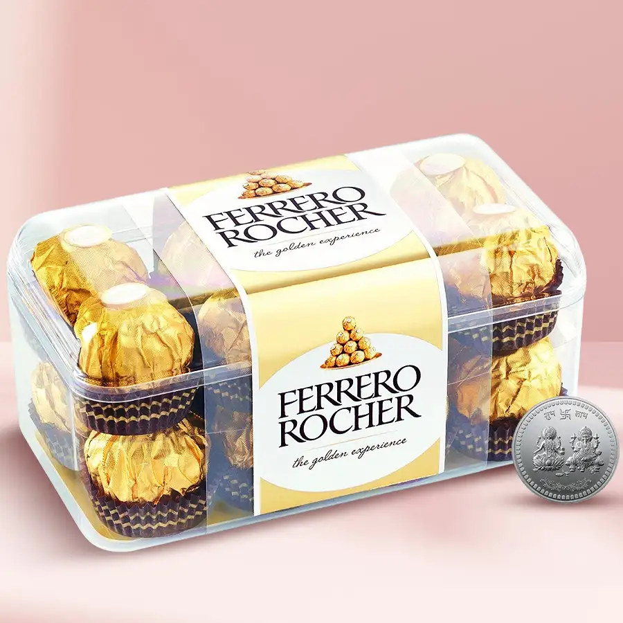 Ideal Diwali combo featuring a box of Ferrero Rocher chocolates and a Ganesh Lakshmi coin
