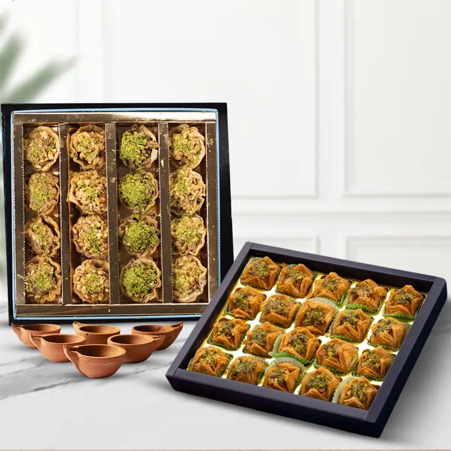 Deepawali gift set featuring Pyramid Baklawa, Tart Baklawa, and Kuber Matka Diyas