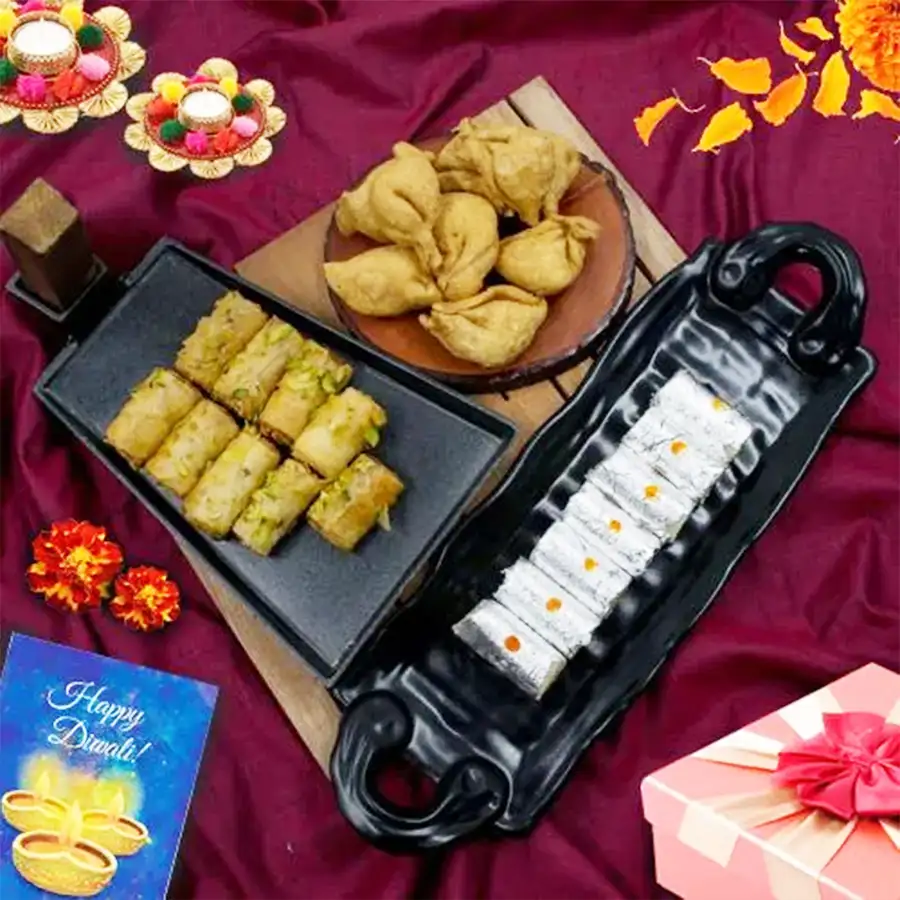 Luscious Roll Baklava hamper from Haldiram with baklava, kaju rolls, and mini samosas for Diwali celebrations
