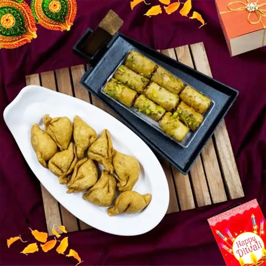 Roll Baklava and Haldiram Mini Samosa gift package for Diwali celebration