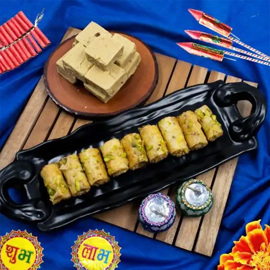 Luscious Roll Baklawa, Kaju Bites, and Matki Wax Diyas for Diwali celebration