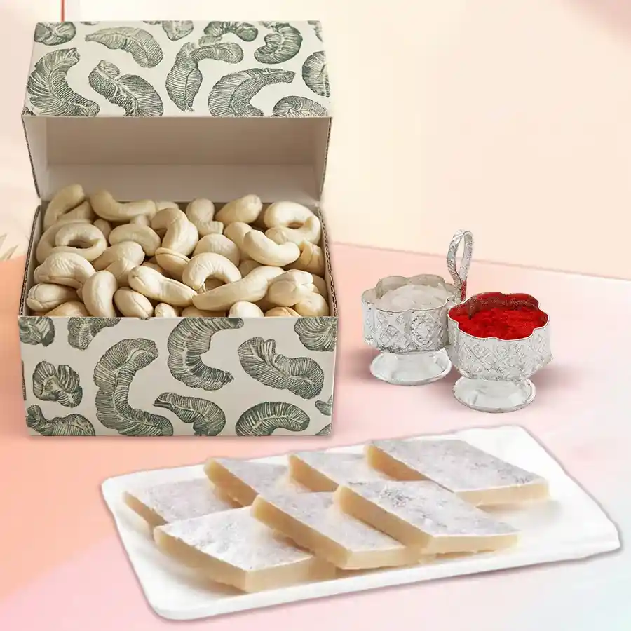 Classy Combo of Kaju Katli with Cashews and Roli Chawal for Bhai Dooj celebration