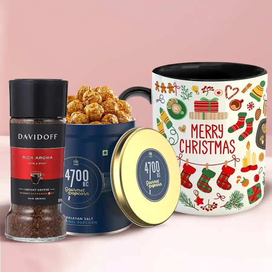Lovely Davidoff Coffee Hamper with Caramel Popcorn and personalized Merry Christmas mug