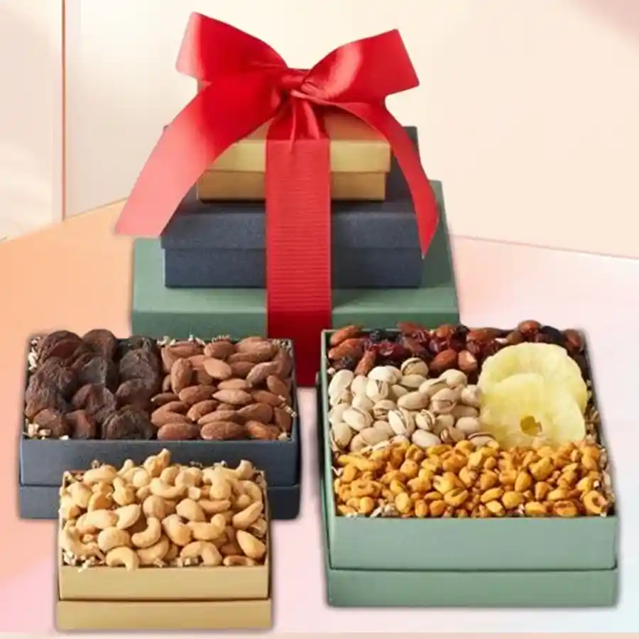 Three-tiered gift tower filled with exotic dried fruits and nuts, including salted pistachios, dried kiwi, salted peanuts, mixed nuts, salted almonds, turkel apricots, and salted cashews, elegantly tied with a festive ribbon.