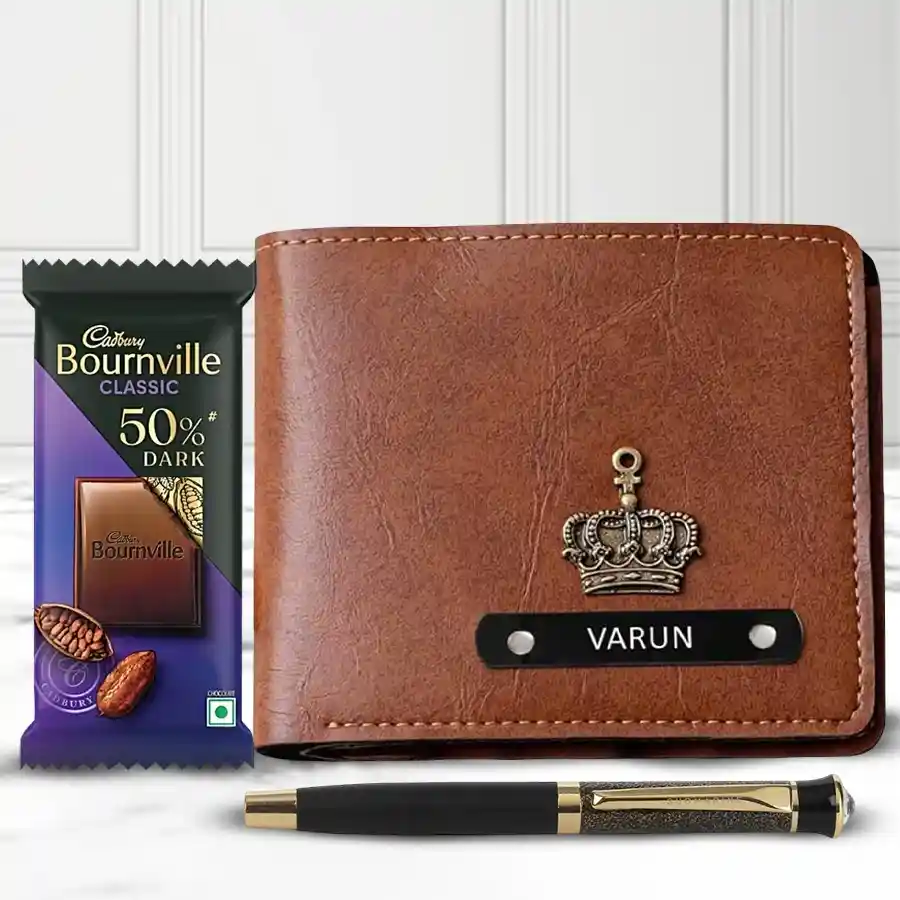 Fancy Personalized Men's Wallet with Laser Pen and Cadbury Bournville chocolate bar on a festive background