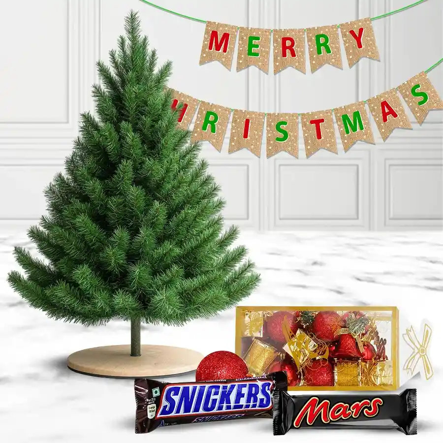 Superb Christmas decor hamper featuring a 1ft artificial tree, mini ornaments, a Merry Christmas banner, and chocolate bars.