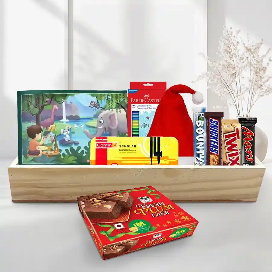Brightly colored Groovy Kids Favorite Hamper filled with sweet treats, a drawing book, writing tools, a Merry Christmas cap, and a charming wooden tray.