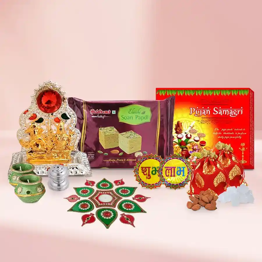 Classic Deepawali Poojan Essential Gift Box with Ganesh Lakshmi Mandap, Matki Wax Diyas, Puja Samagri, Acrylic Rangoli Set, Soan Papdi, and Almond N Mishri Potli