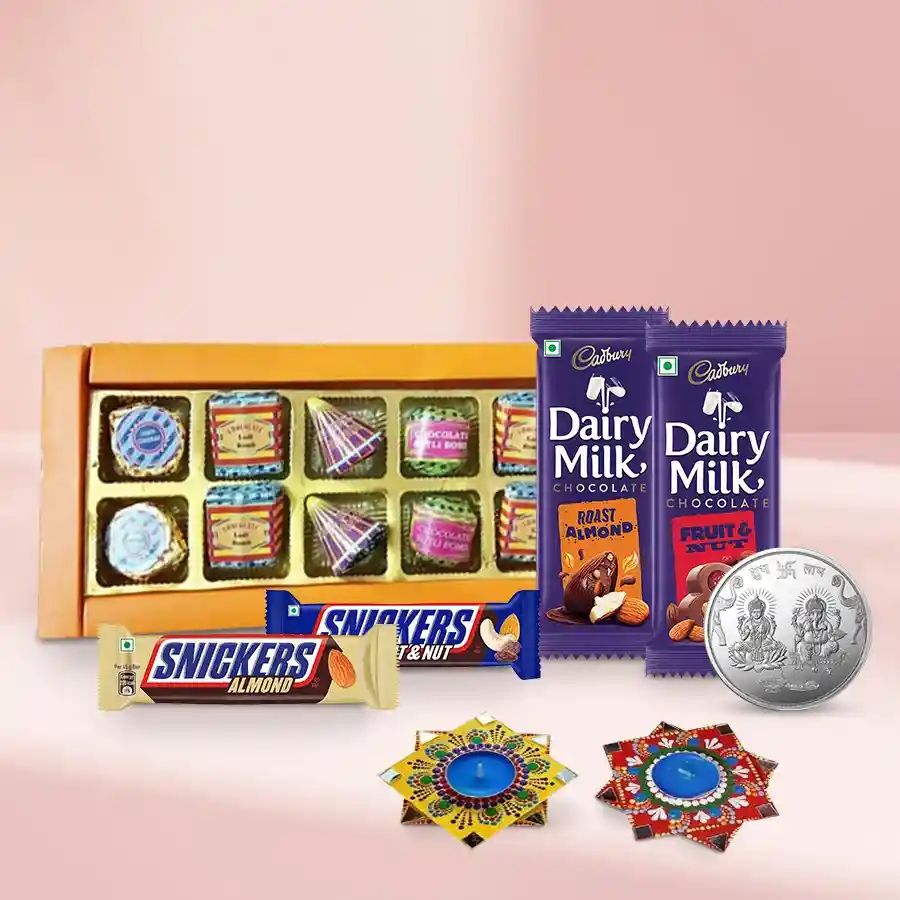 Enticing Chocolates Indulgence Box with Dot Mandala Diyas and a free Ganesh Lakshmi coin