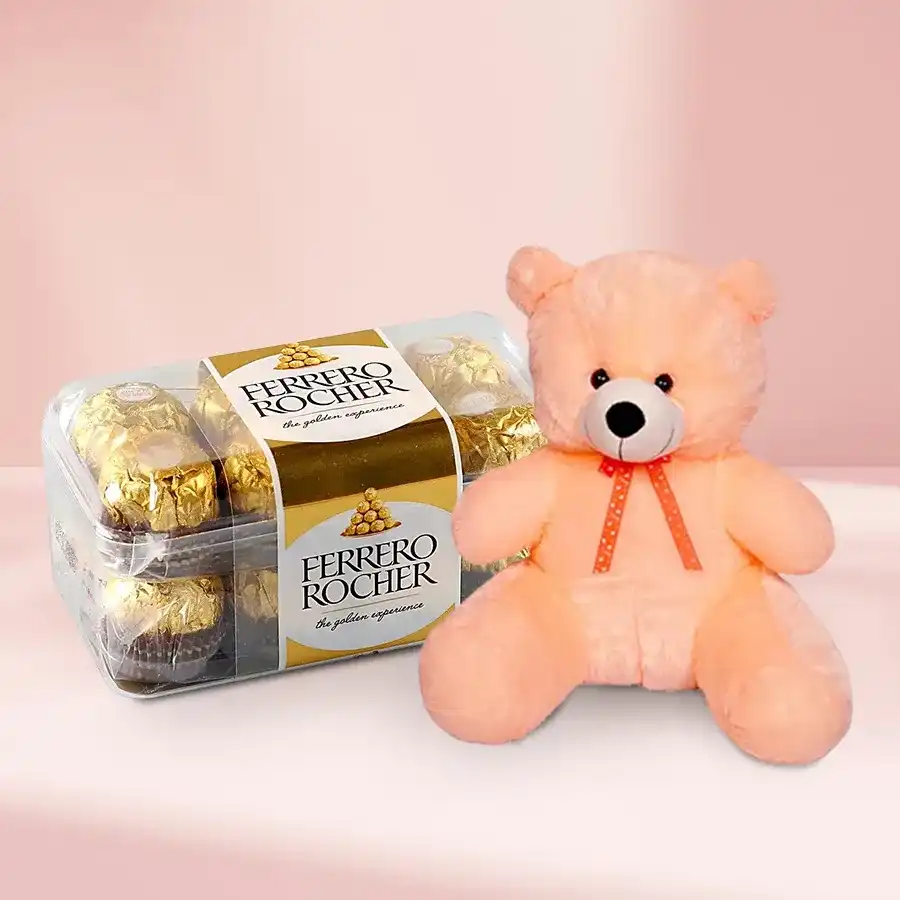 Exclusive combo of Ferrero Rocher chocolates and a plush teddy bear for Valentine's Day