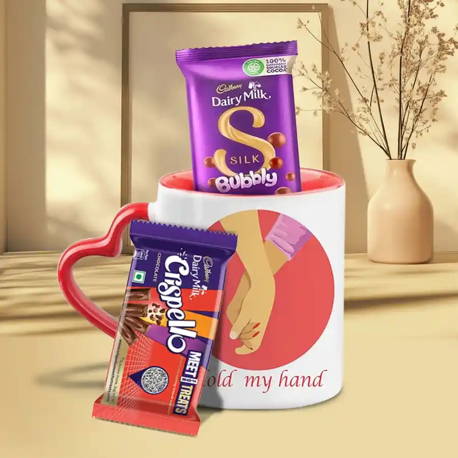Red Heart Handle Mug with Cadbury chocolates including Dairy Milk Crispello and Dairy Milk Silk Bubbly