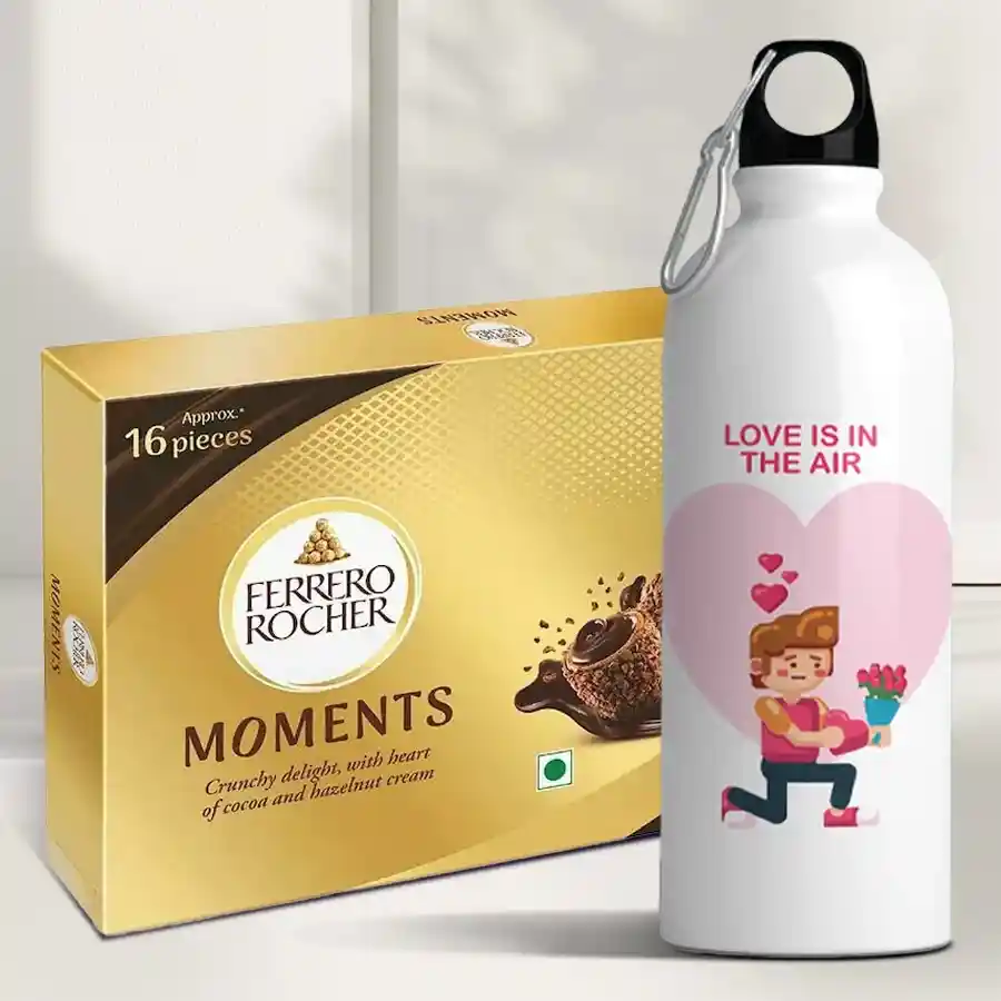 Personalized bottle and Ferrero Rocher Moments chocolate box for Valentine's Day gift.