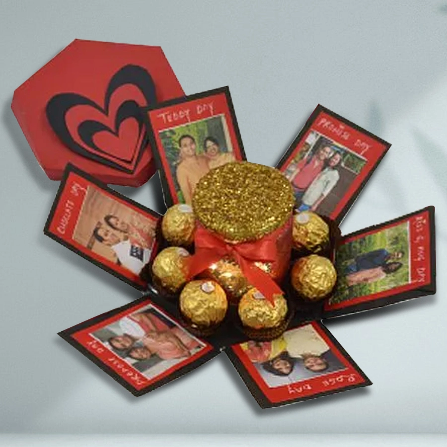 Personalized hexagonal explosion box with Ferrero Rocher chocolates and LED-lit Mason jar, featuring six customizable photo slots.