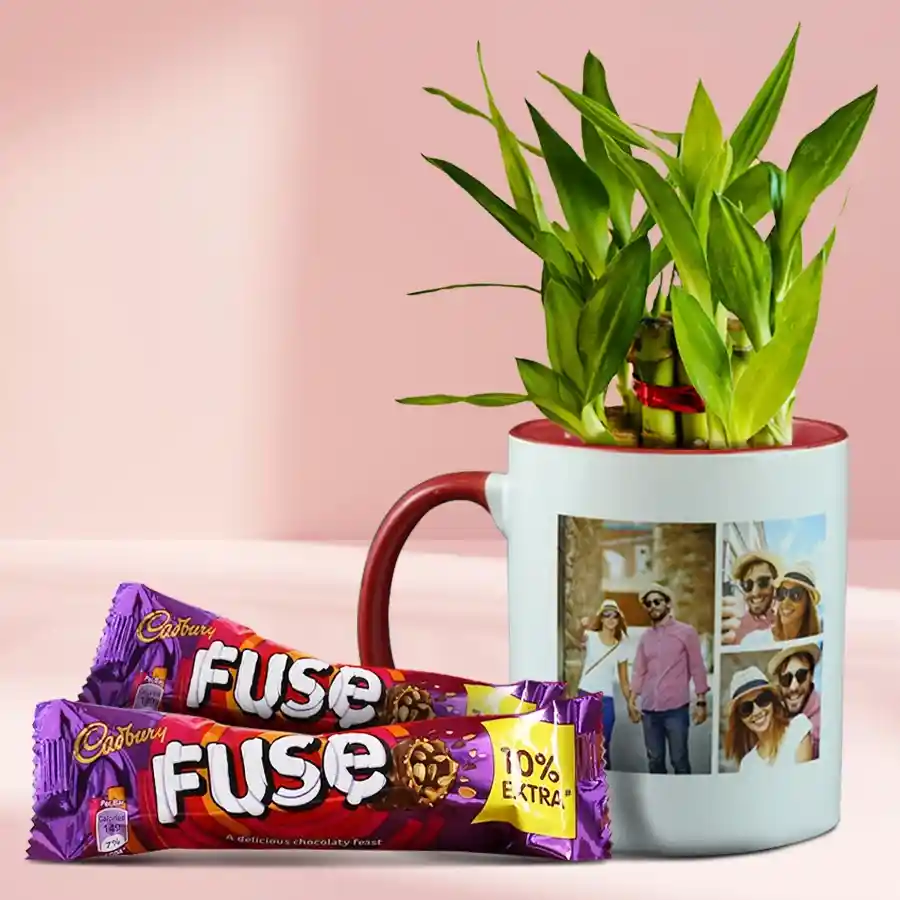 Personalized white ceramic mug with two-layer lucky bamboo arrangement and two Cadbury Fuse chocolate bars on a wooden table.