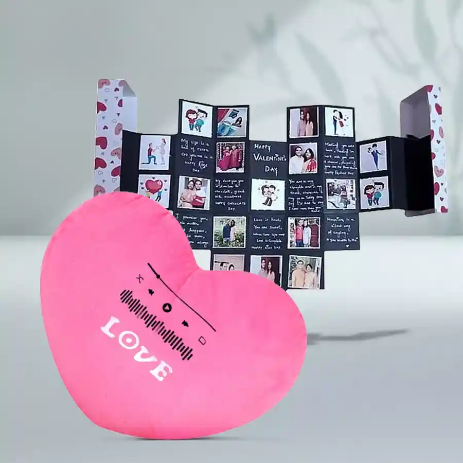 Personalized pop-up photo maze card displaying cherished photos and a singing heart feature