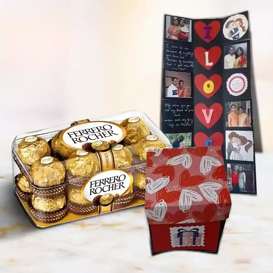 Personalized infinity card with photos and messages alongside a box of 16 Ferrero Rocher chocolates