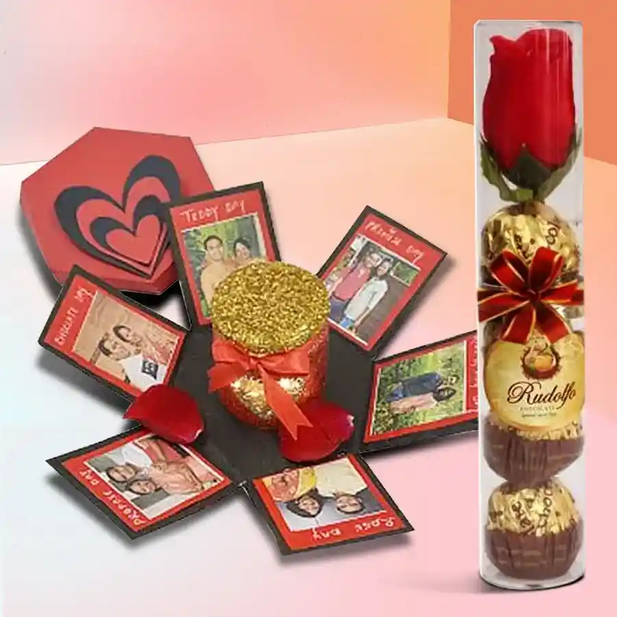 Hexagon explosion box featuring personalized photos, Rudolfo chocolates, LED heart lamp, and rose tube