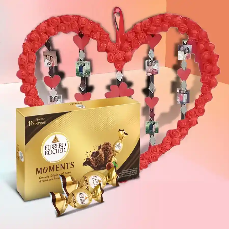 Handmade heart-shaped photo frame with personalized photos and a box of Ferrero Rocher chocolates