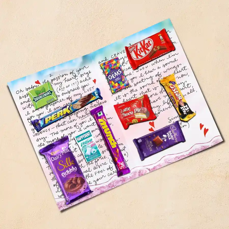 Smart-Looking Chocolate Message Card featuring assorted chocolates with heartfelt messages for Valentine's Day and special occasions.
