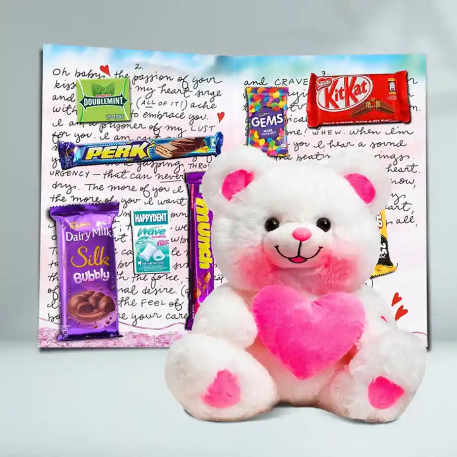 Magnificent Choco Message Card set with assorted chocolates and a 6-inch Love Teddy holding a heart