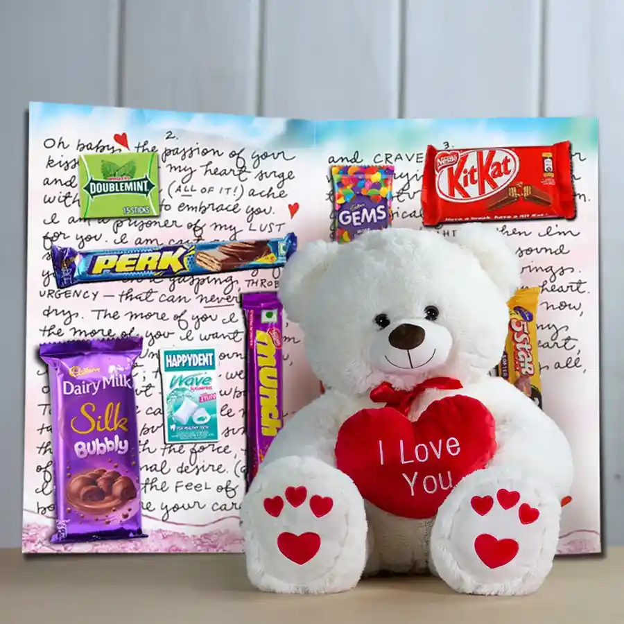 Chocolate Message Card with an assortment of chocolates and a 6-inch teddy bear holding a heart.