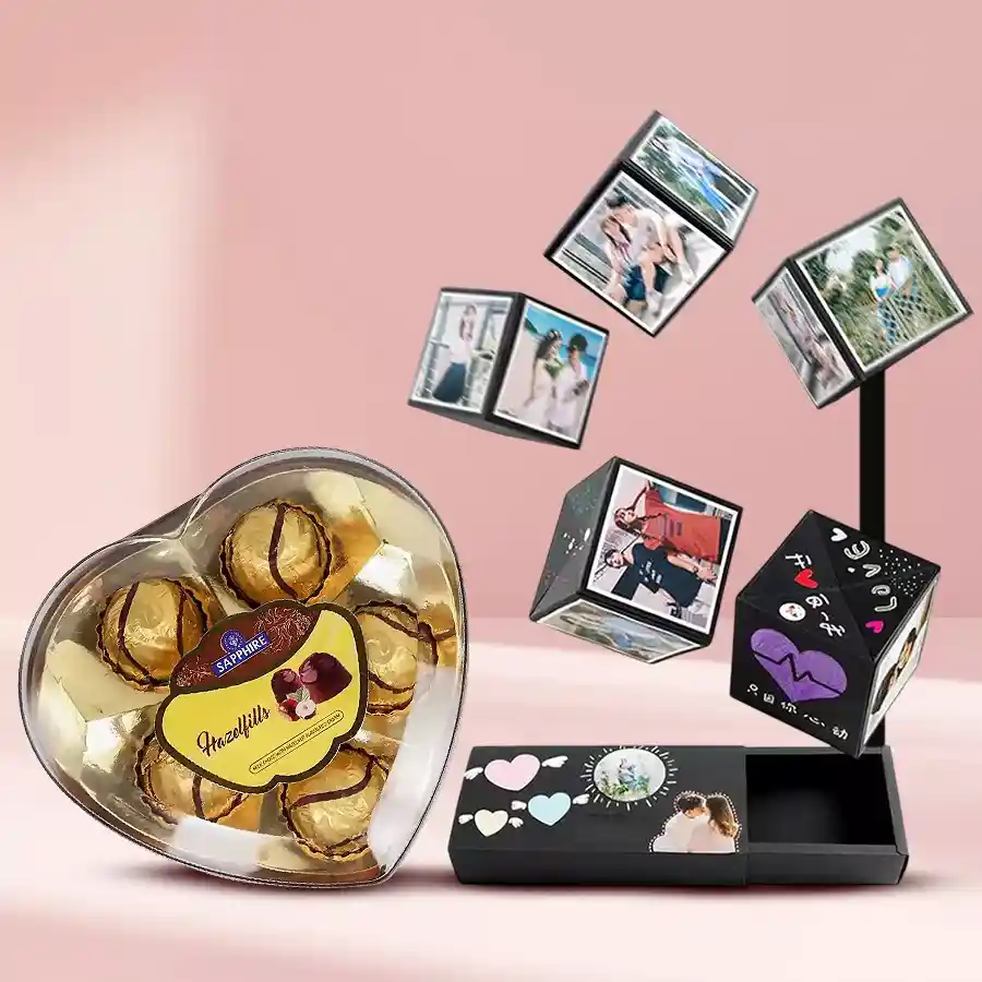 Magical PopUp Box filled with personalized photos and Sapphire Hazelfills Heart Shape chocolates