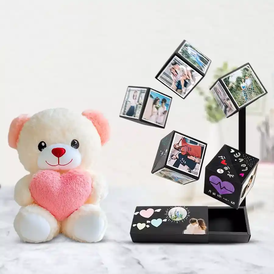 Personalized pop-up photo box featuring three favorite photos, heartfelt messages, and a cuddly teddy bear holding a heart.