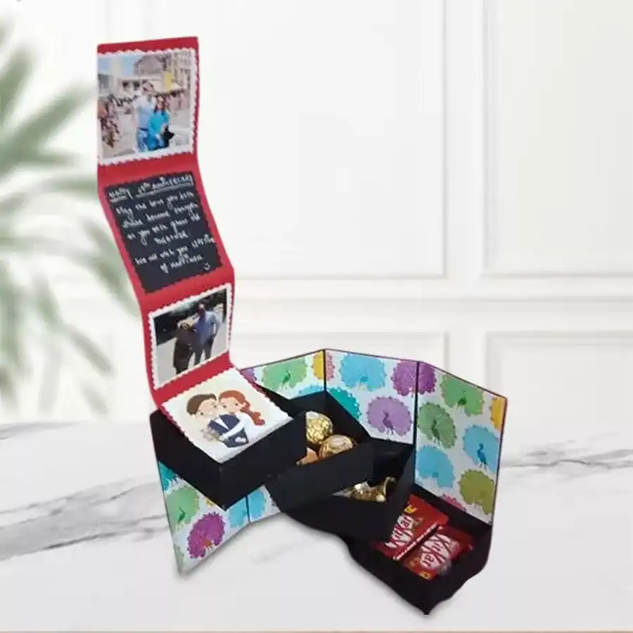 4-layer personalized pull-out stepper box filled with chocolates and decorated with photos for Valentine's Day gift