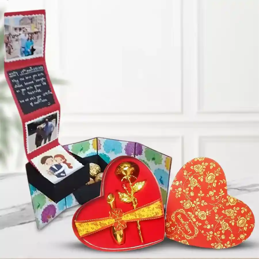 4-layer pull-out chocolate box with Ferrero Rocher, KitKat, and Hershey's Kisses, personalized with photos and a golden rose