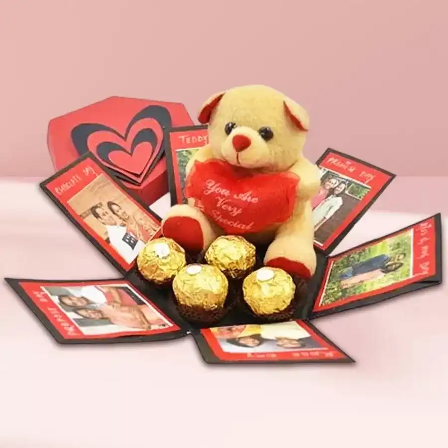 Personalized hexagonal box filled with chocolates and six arranged photos