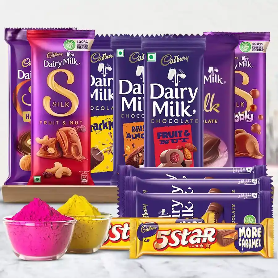 Pleasing Cadbury Chocolates Gift Box with Herbal Gulal in a wooden tray for Holi celebration
