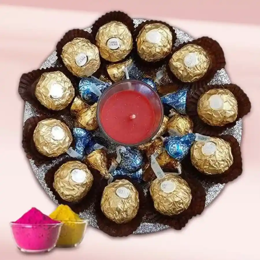 Classy Chocolates and Aroma Candle Tray with free gulal for Holi celebrations