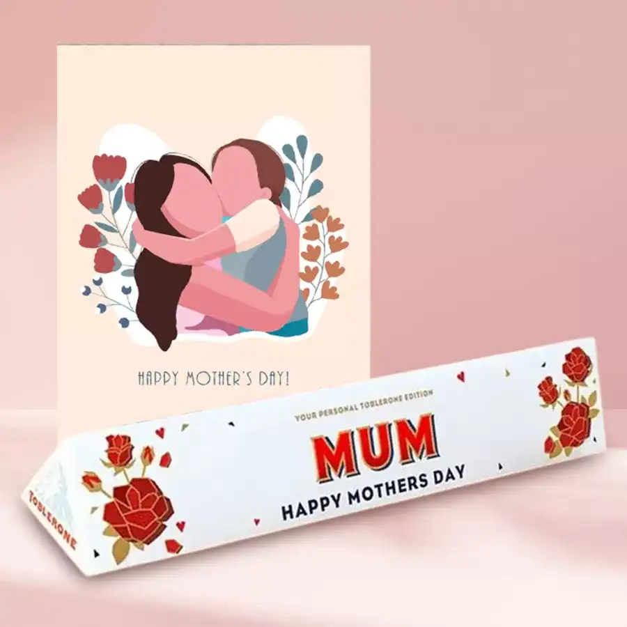 Tasty personalized Toblerone chocolate bar with a Mother's Day greeting card against a decorative background