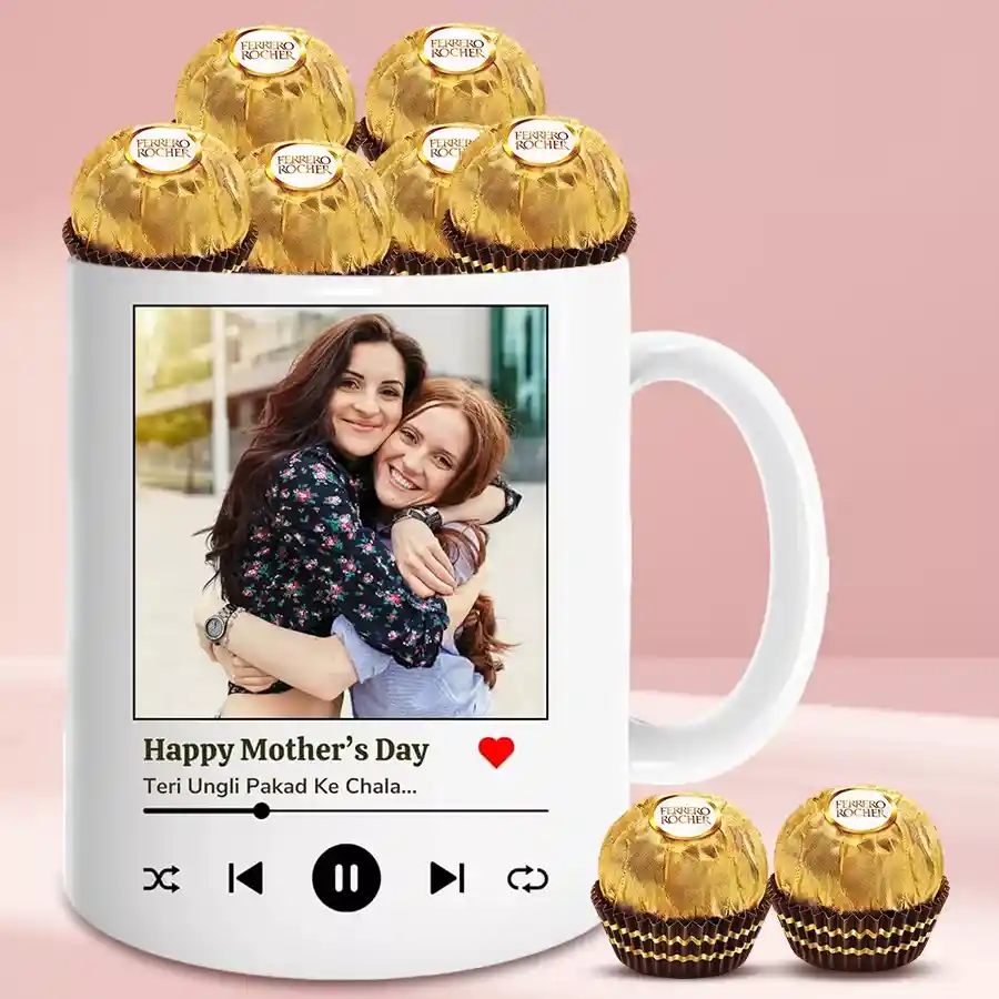 Personalized photo coffee mug with Ferrero Rocher chocolates, designed for Mother's Day gift giving.