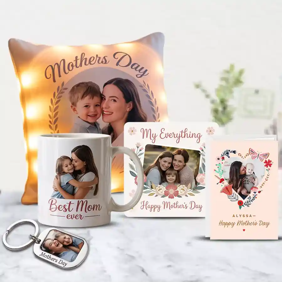 Beautiful Mother’s Day Personalized Gift Combo featuring a custom Photo LED Cushion, Photo Coffee Mug, Photo Key Chain, Photo Tile, and Photo Card.