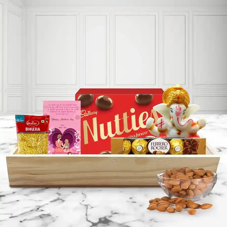 Exclusive Almonds and Chocolates Treat with Marble Ganpati on a wooden tray for Mother's Day