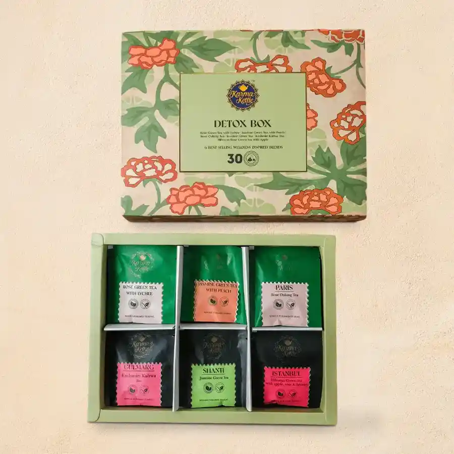 Assorted Flower Tea Collection featuring six different blends in an elegant hamper with tea bags and floral designs.
