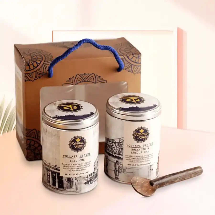 Weekend in Kolkata tea hamper featuring Nolen Gur Cha, Lebu Cha, and a handmade coconut spoon.