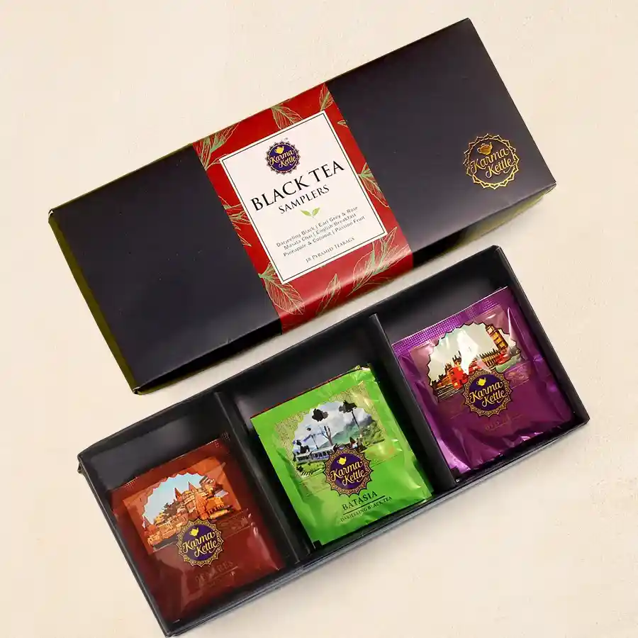 Luxury Black Tea Gift Box featuring six premium blends and three teabags of each blend in an elegant presentation