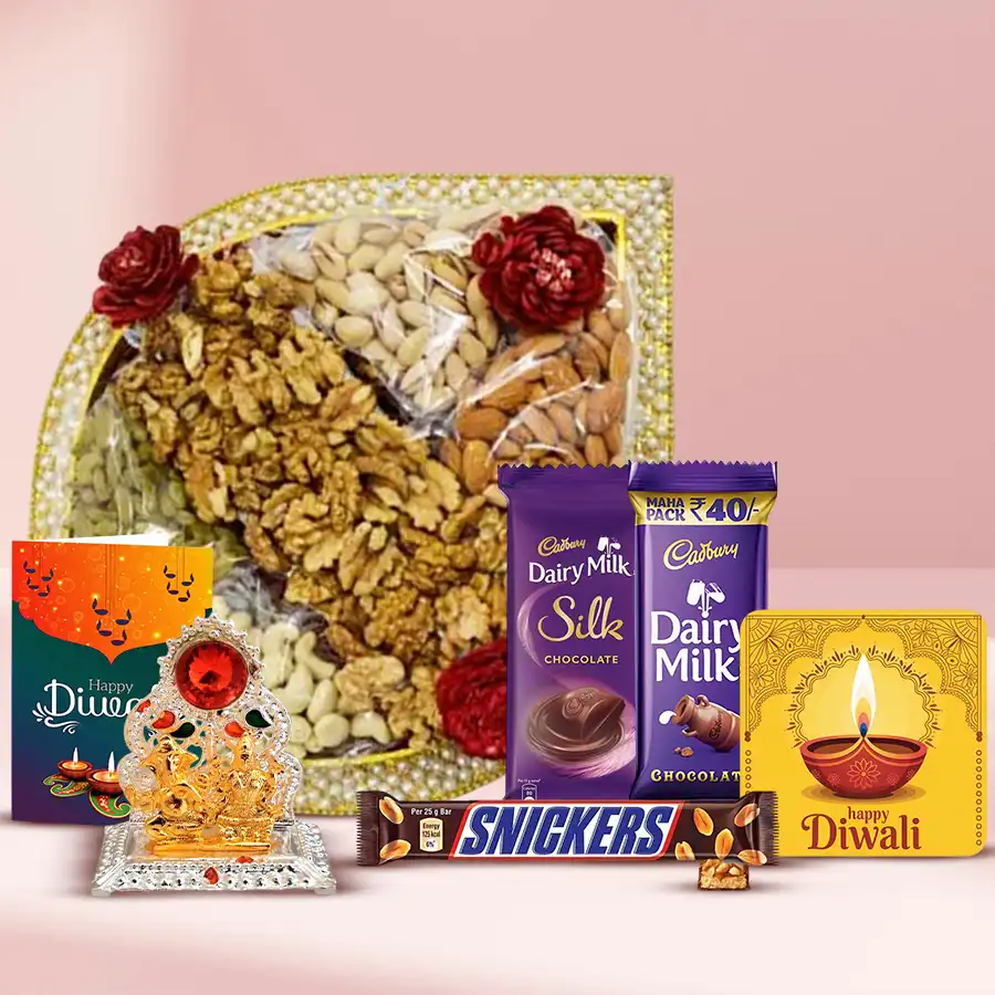 Happiness Time Diwali Gift Hamper featuring a decorative pearl tray filled with premium nuts, dried fruits, Cadbury Dairy Milk Silk and Snickers chocolates, a Ganesh-Laxmi mandap, a handmade fridge magnet, and a Diwali wishing card.