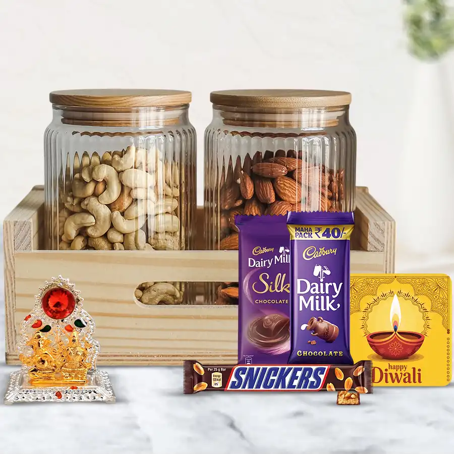 Irresistible Chocolaty Nutty Gift Tray with wooden tray, premium cashews, almonds, Cadbury Dairy Milk Silk, Snickers, Ganesh-Laxmi Mandap, handmade fridge magnet, and greetings card