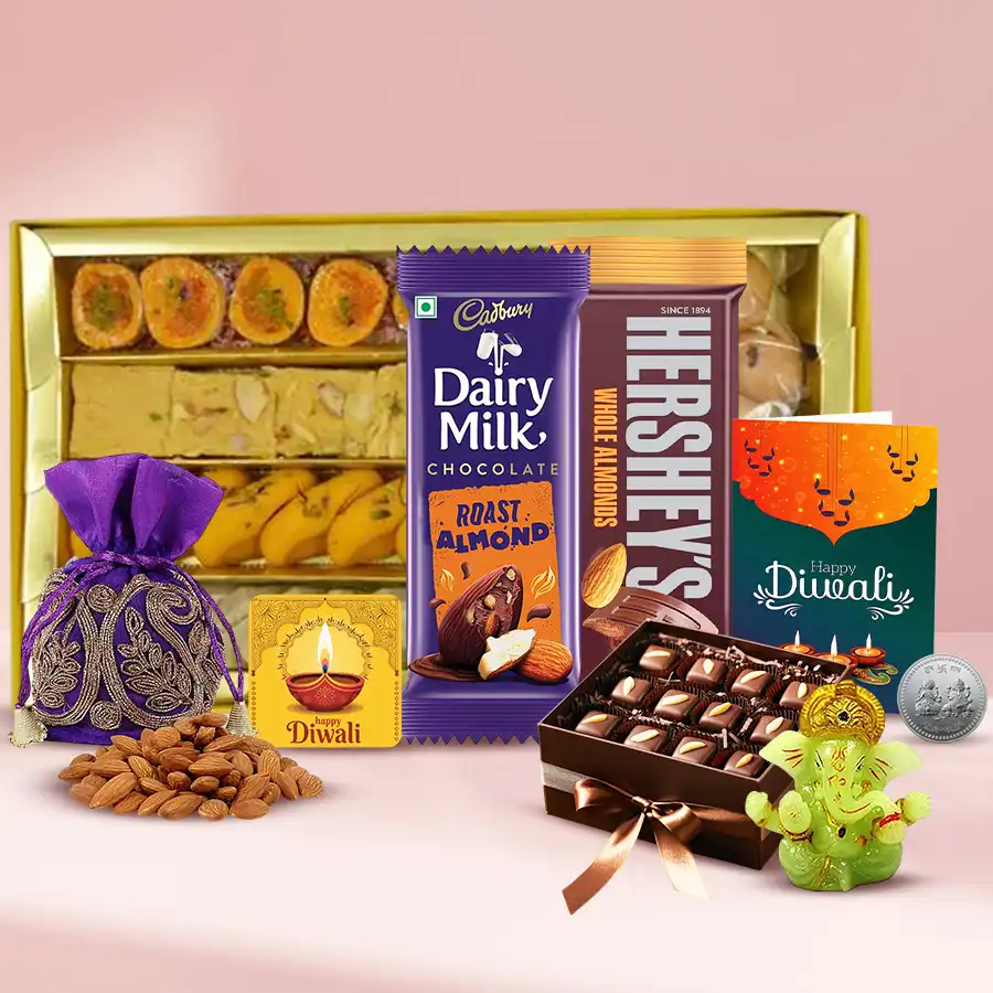 Tasteful Indulgence Diwali Hamper with traditional sweets, chocolates, almonds, snacks, Ganesh idol, fridge magnet, and Diwali card