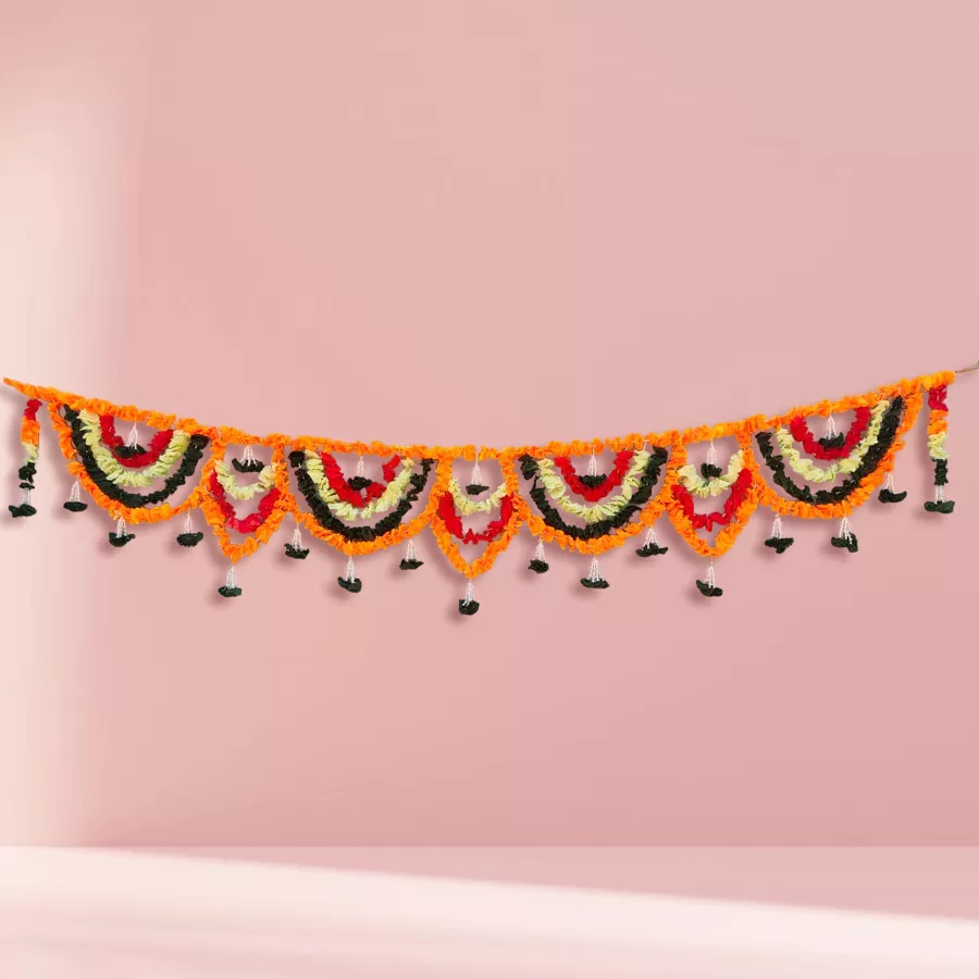Decorative Floral Festive Bandarwal in multicolored plastic, measuring 90x13cm, displayed as a doorway decoration for Diwali celebrations.