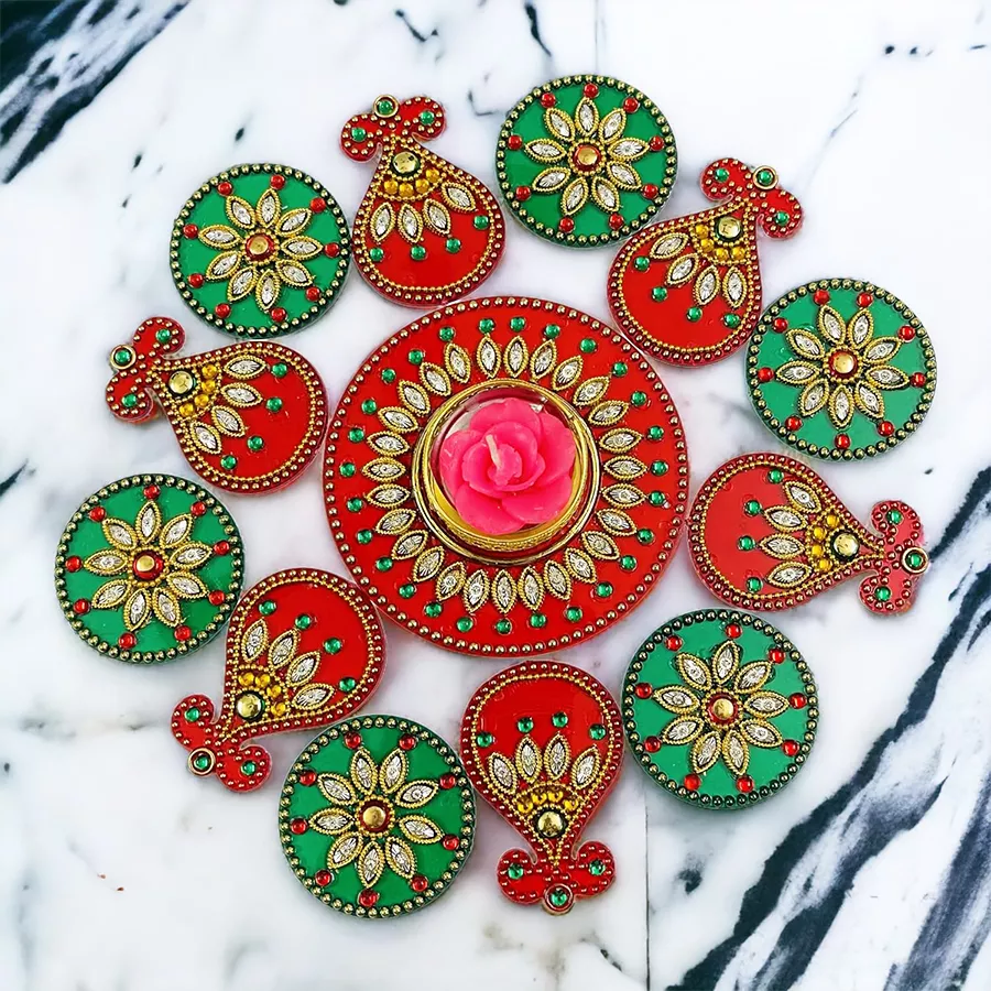 Graceful red acrylic Rangoli duo with T Light Holder, featuring traditional Indian design and vibrant color.
