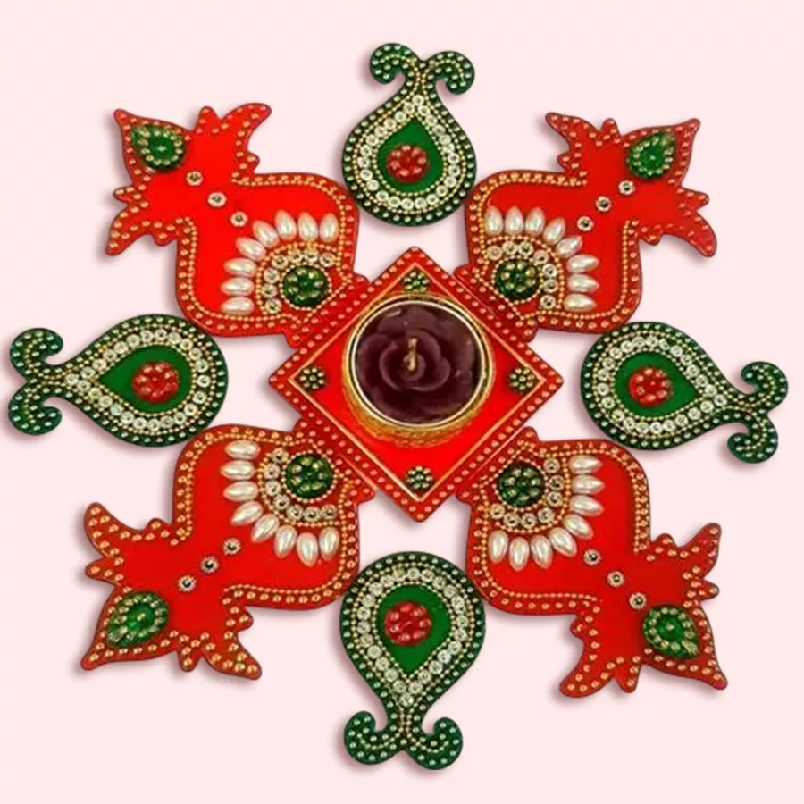 Ravishing hamper featuring multi-colored acrylic Rangoli designs and a stylish T light holder, showcasing vibrant traditional charm and contemporary elegance.