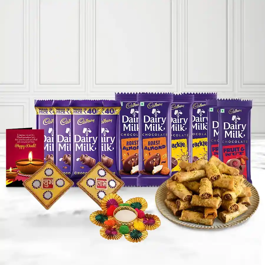 Amazing Roll Baklava Pack with Cadbury Bliss chocolates, Diwali decoration items, and a festive card